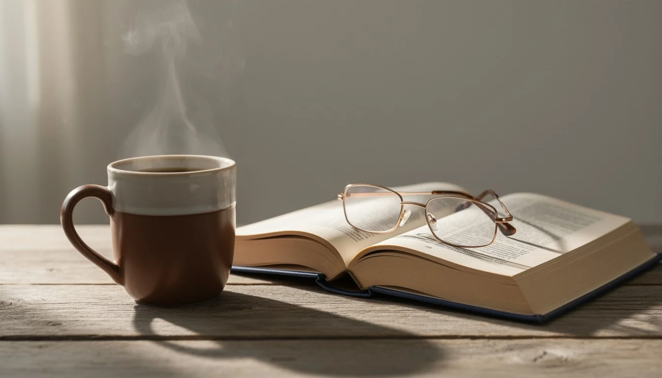 A calm morning workspace with a notebook, warm light and a cup of tea representing a structured daily start